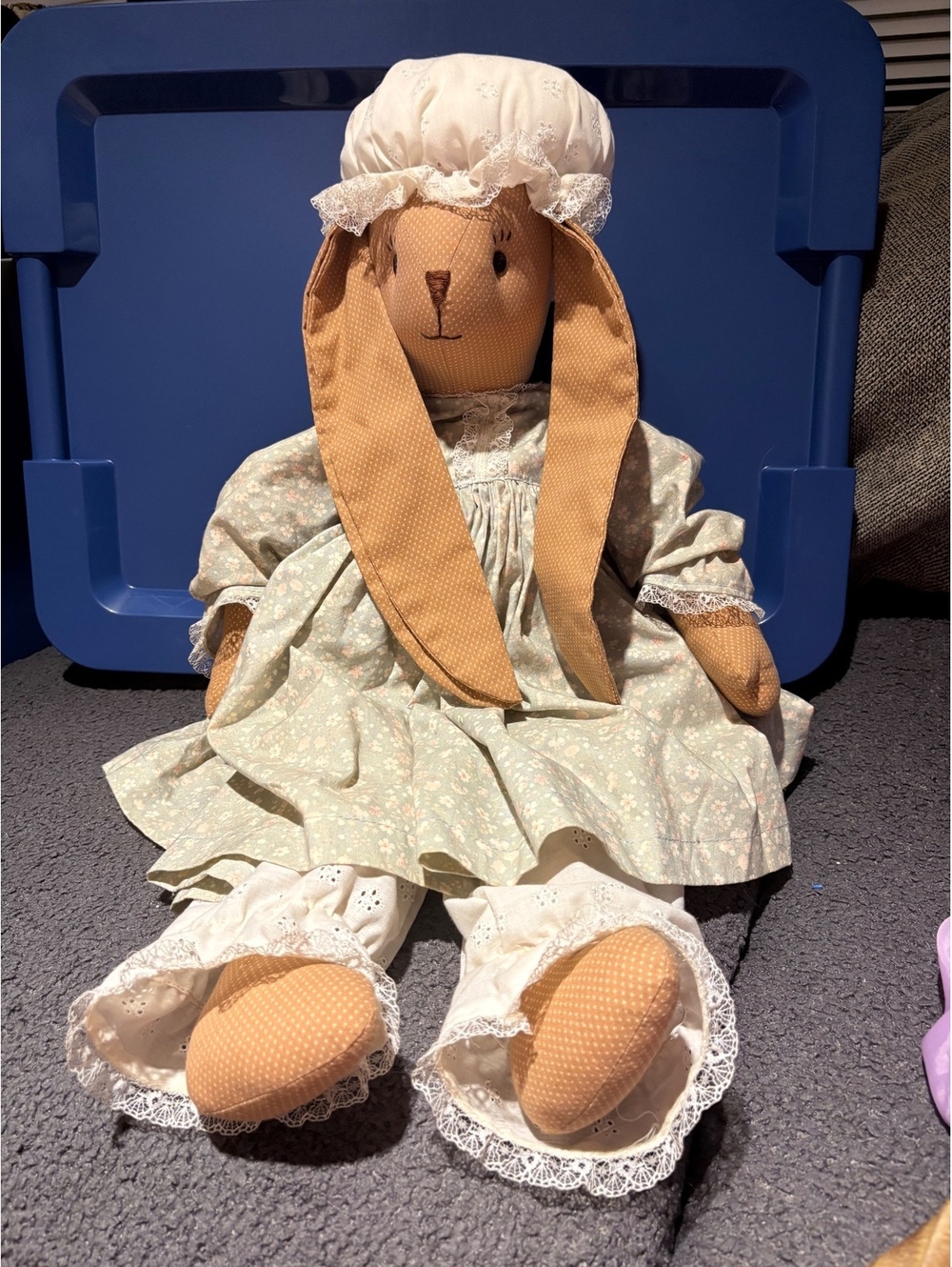 Vintage Handmade Cloth Bunny Doll in Floral Dress and Lace Cap